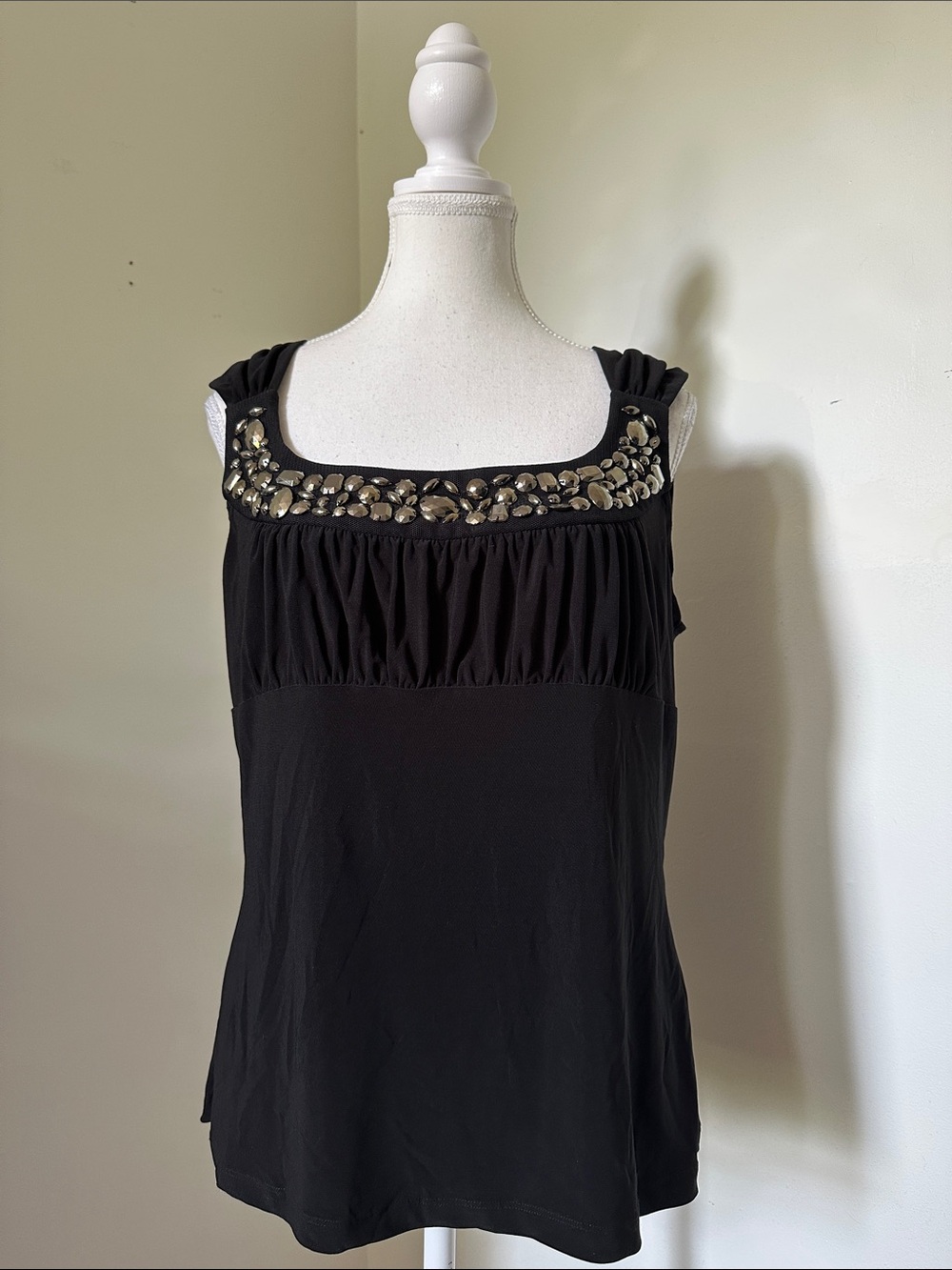 NUEVA Black Jewelled Squared Neck Ruched Glam Whimsigoth Tank Top Sz 14